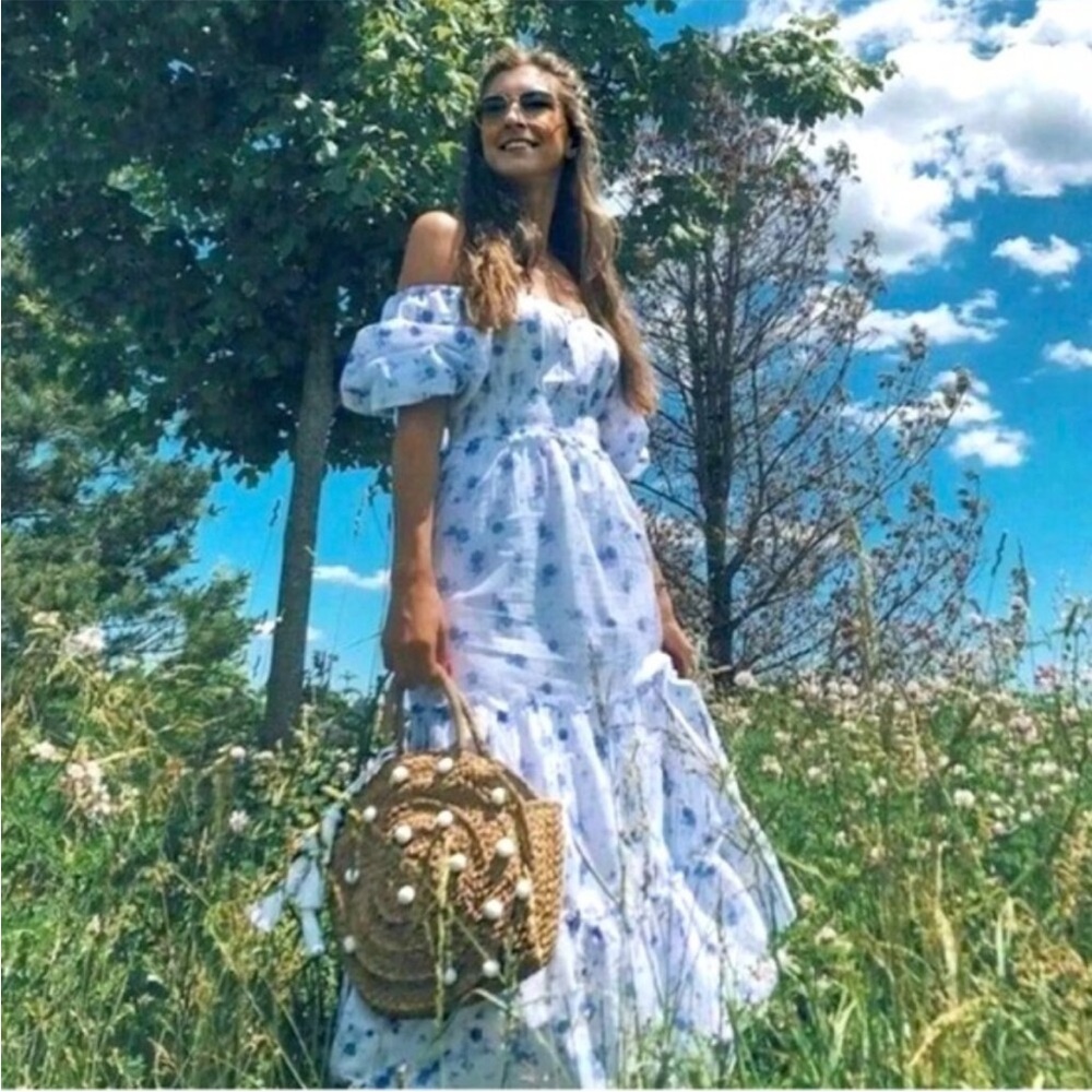 LoveShackFancy Purple Floral Puff Sleeve Off-Shoulder Maxi Dress